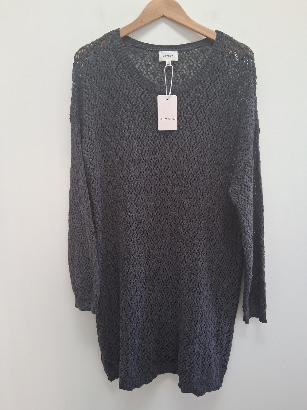 Women's Crochet Open Knit Pullover Tunic- Charcoal Gray Size 2XL  Festival